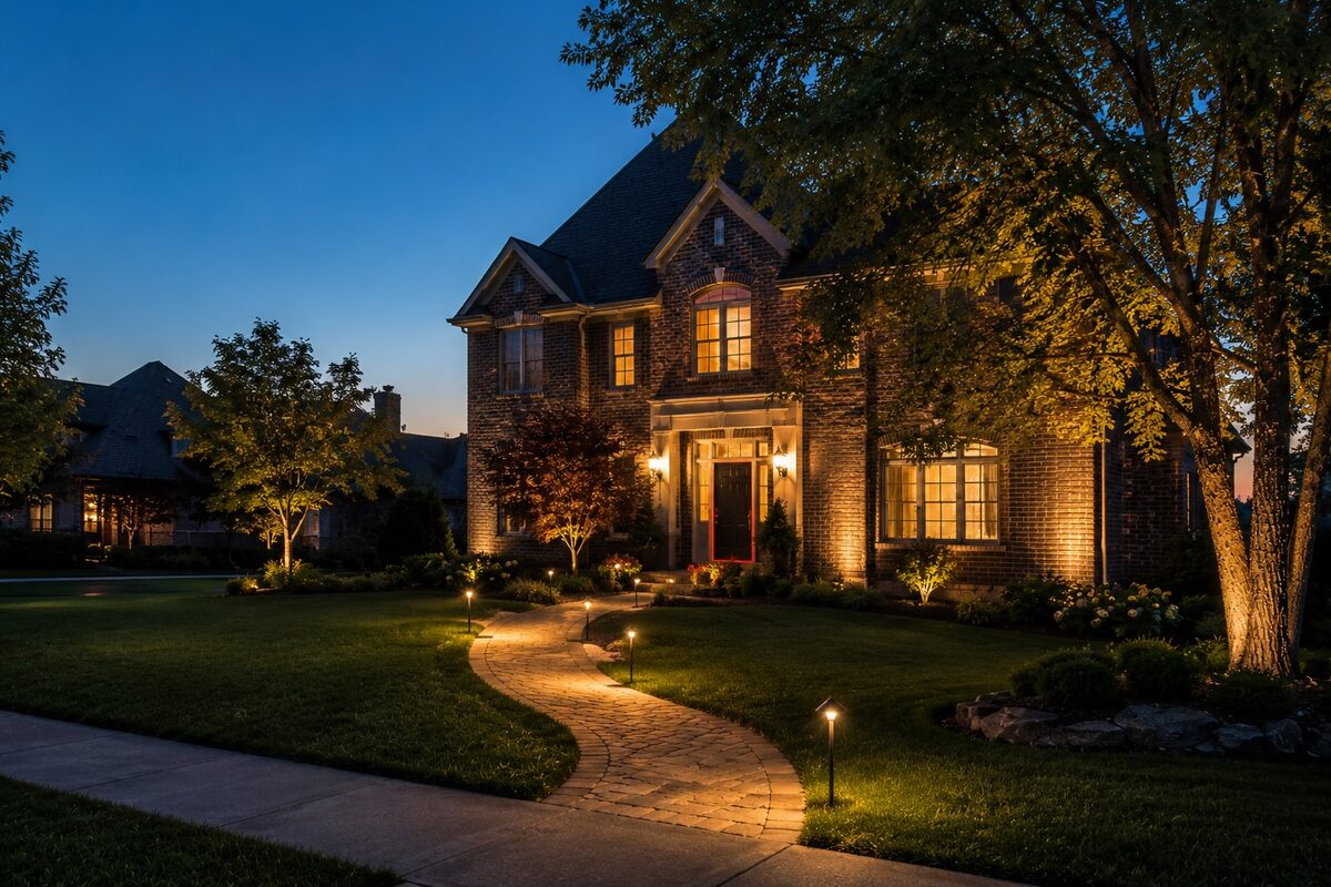 Front facade and walkway lighting on a brick home in the Toledo, Ohio area at dusk, improving curb appeal and nighttime safety