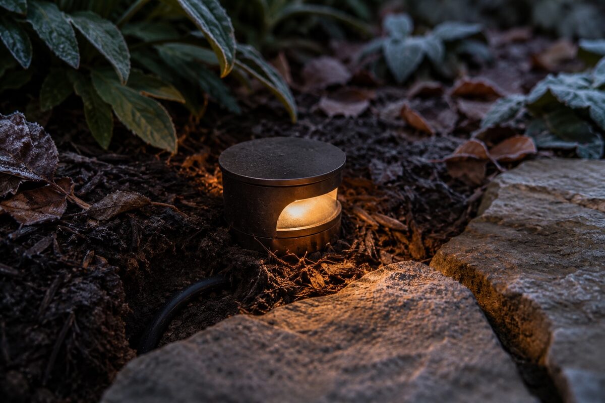 Weather-sealed low-voltage LED fixture and buried wiring in a garden bed, built for Northwest Ohio freeze-thaw conditions