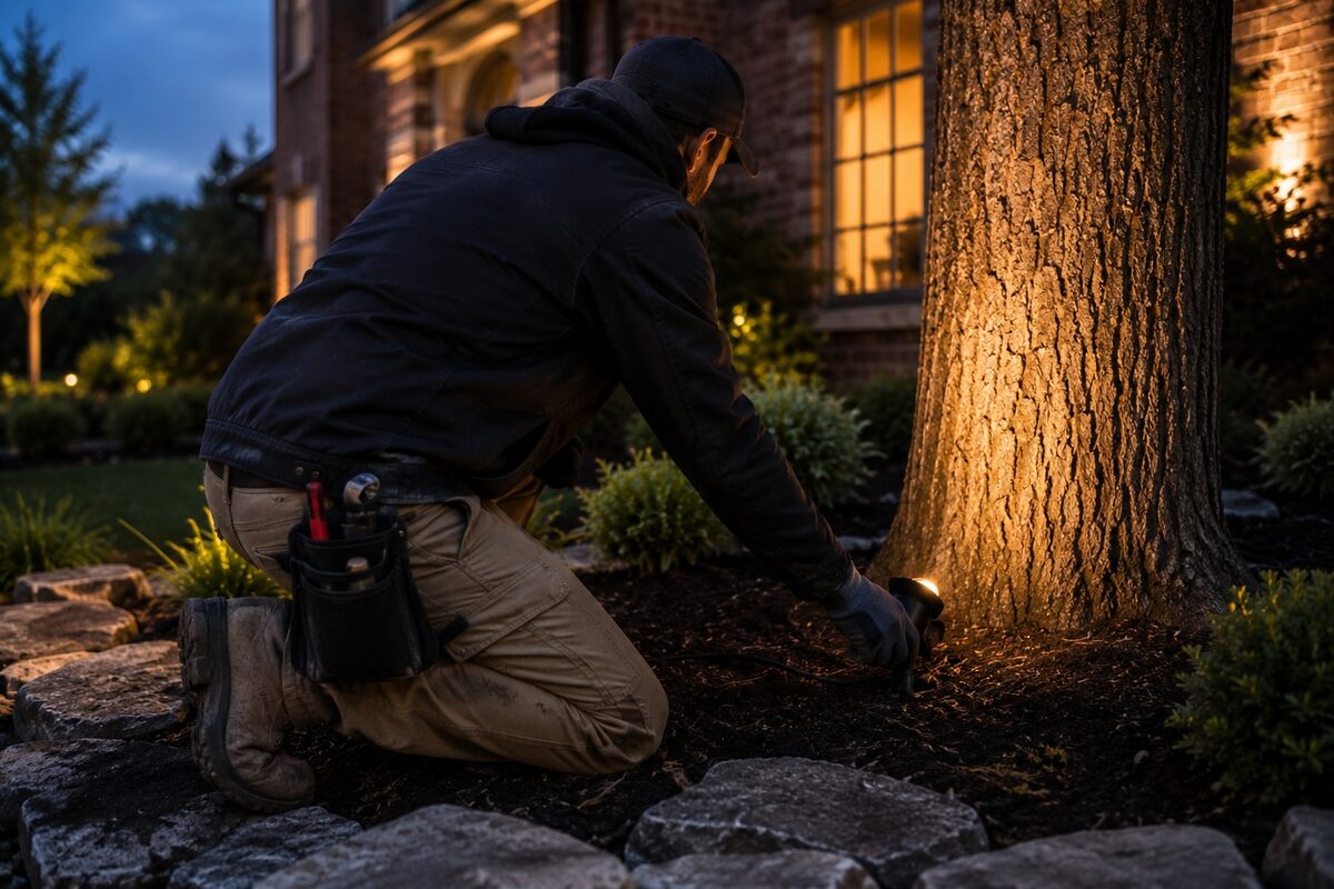 Aqualawn technician aiming a low-voltage uplight fixture during a landscape lighting installation near Toledo, Ohio