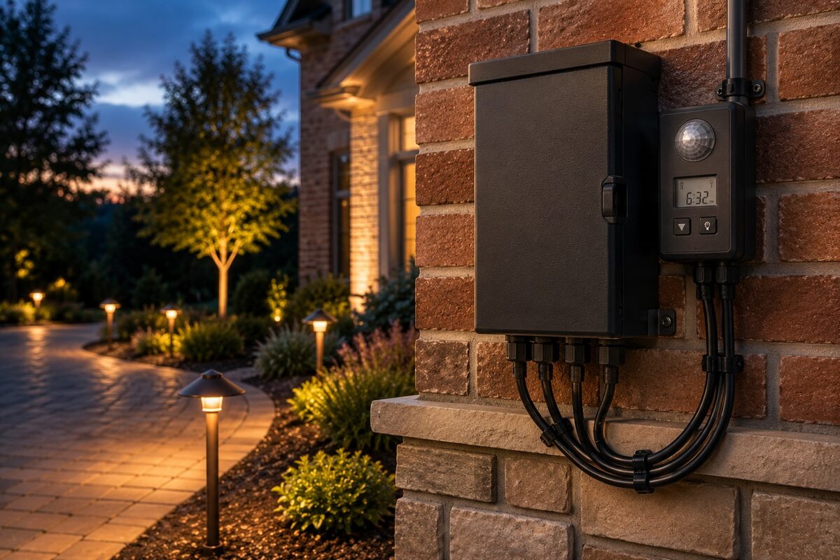 Low-voltage lighting transformer with smart timer and tidy LED wiring on a Northwest Ohio home