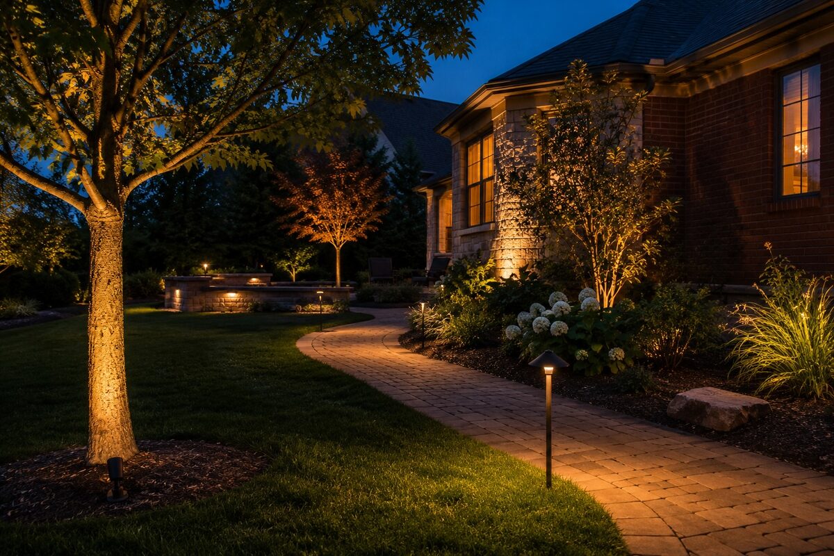 Layered low-voltage landscape lighting at a Northwest Ohio home at dusk: an uplit tree, a path light on the paver walkway, and an accented garden bed